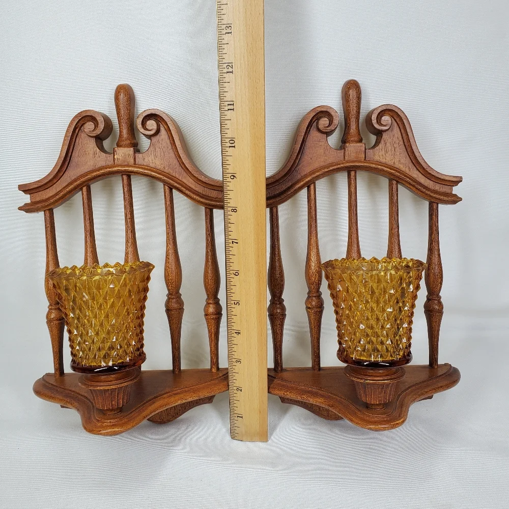 2 Vintage Mid Century 1974 Homco Candle Wall Sconces Amber Diamond Glass Votive.
